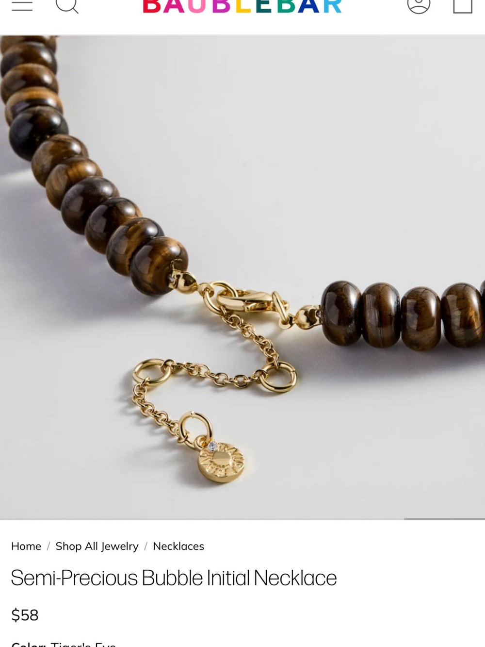 BaubleBar NWT Semi-Precious Bubble Initial Necklace with Gold 'J' in Tiger’s Eye - Picture 7 of 7